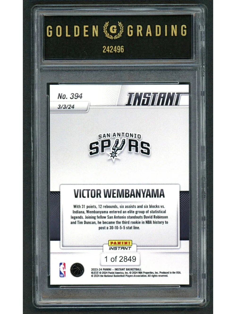 2023-24 Panini Instant #394 Victor Wembanyama Rookie Card (RC) Gem Mint 10